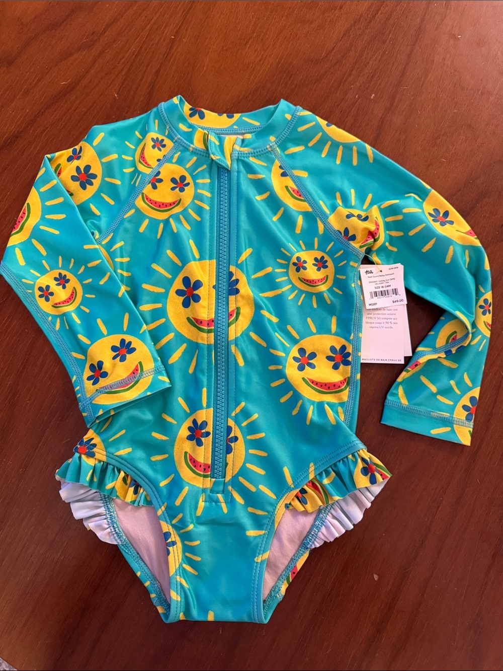 Tea Collection Sunshine Long-Sleeve One-Piece Swimsuit - Turquoise & Yellow